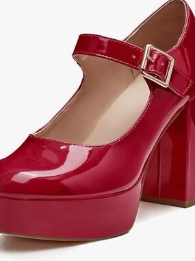 Shiny Red Mary Jane Platform Heels with Buckle Strap
